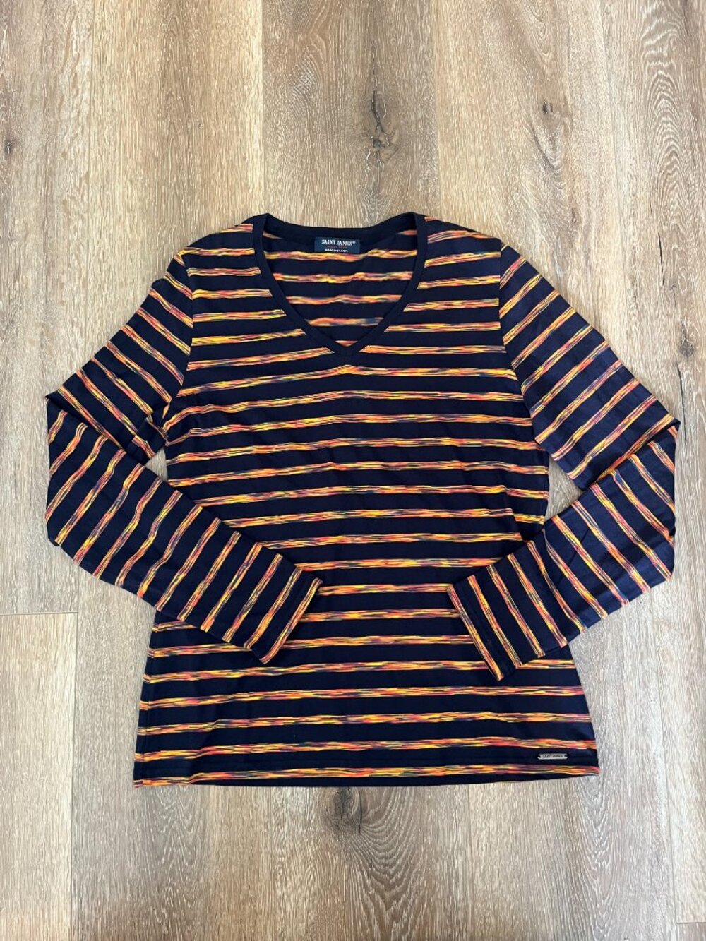 SAINT JAMES Cotton Breton Stripe Long Sleeve Top 4 V Neck Navy Blue Yellow Red